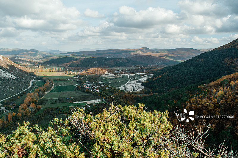 高山背景下美丽的秋天树木。图片素材