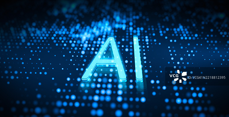 蓝色未来数字数据网格上的发光AI字母图片素材