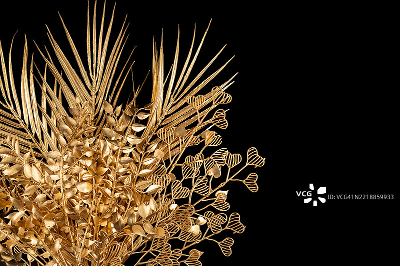 黑色背景上的金色闪亮棕榈叶特写。图片素材