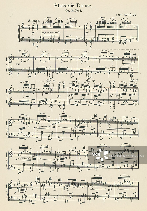 老版雕刻插图，展示捷克作曲家安东宁·德沃夏克（1841年9月8日 - 1904年5月1日）创作的《斯拉夫舞曲》作品72第3号的乐谱。图片素材