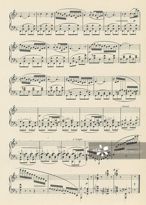 老版雕刻插图，展示了安东·鲁宾斯坦（1829-1894）创作的即兴曲作品16号第1首的乐谱，他是一位俄罗斯钢琴家、作曲家和指挥家，创办了圣彼得堡音乐学院。图片素材