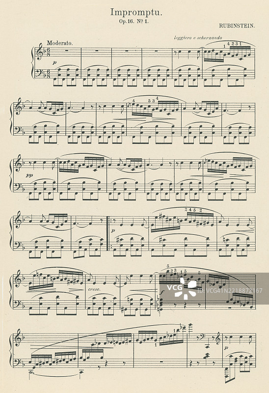 老版雕刻插图，展示了安东·鲁宾斯坦（1829-1894）创作的即兴曲作品16号第1首的乐谱，他是一位俄罗斯钢琴家、作曲家和指挥家，创办了圣彼得堡音乐学院。图片素材