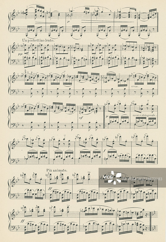 老版雕刻插图，展示捷克作曲家安东宁·德沃夏克（1841年9月8日 - 1904年5月1日）创作的《斯拉夫舞曲》作品72第3号的乐谱。图片素材