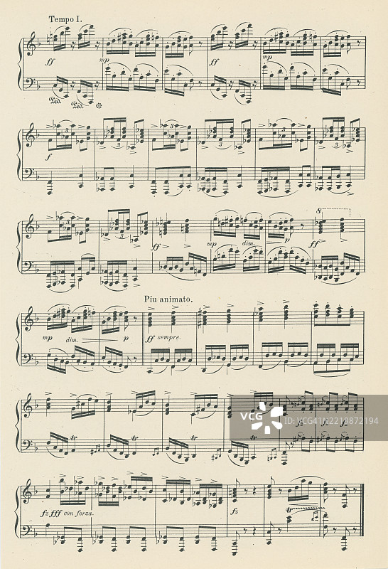 老版雕刻插图，展示捷克作曲家安东宁·德沃夏克（1841年9月8日 - 1904年5月1日）创作的《斯拉夫舞曲》作品72第3号的乐谱。图片素材