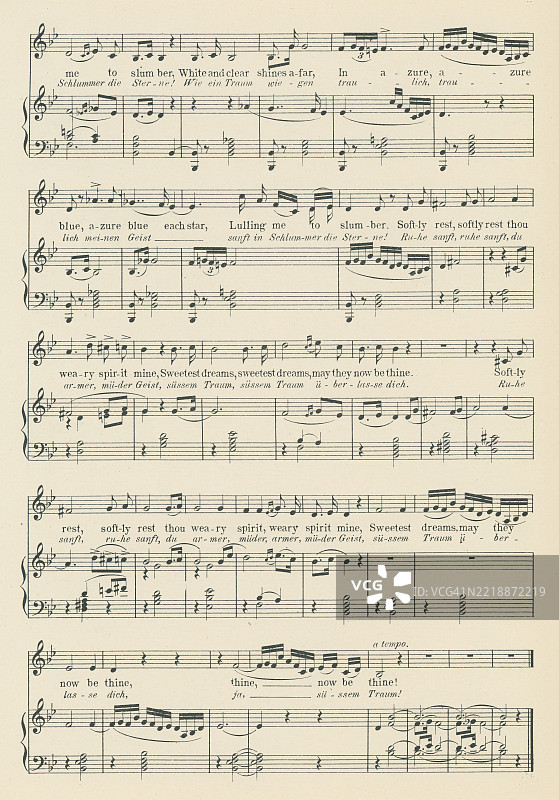 老版雕刻插图，展示了米哈伊尔·格林卡（1804-1857）歌剧《鲁斯兰与柳德米拉》中咏叹调“夜”的乐谱，这是第一位俄罗斯作曲家。图片素材