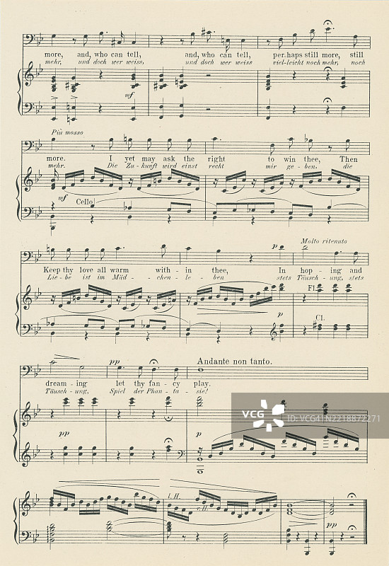 老版雕刻插图，展示了彼得·伊里奇·柴可夫斯基（1840-1893）创作的歌剧《叶甫盖尼·奥涅金》中咏叹调“幸福的日子”的乐谱，这位俄罗斯作曲家活跃于浪漫主义时期。图片素材