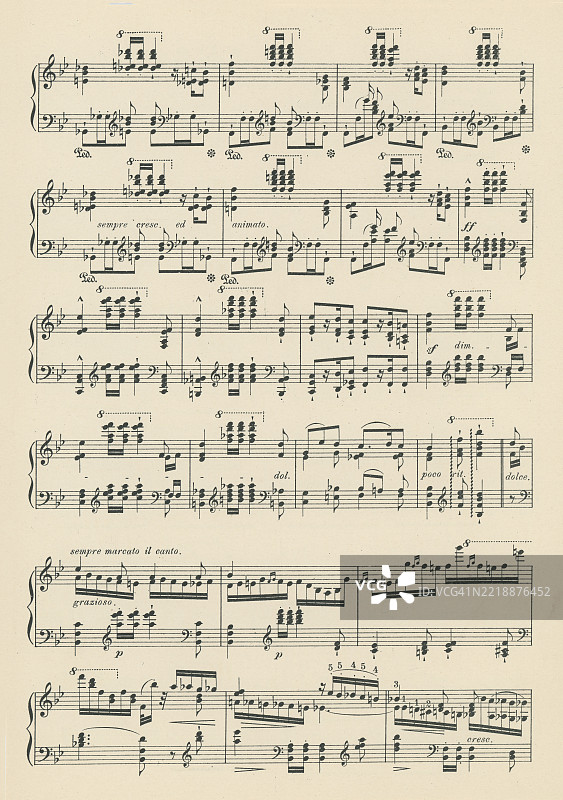 老版雕刻插图，展示了匈牙利作曲家、钢琴家、指挥家和浪漫主义时期的教师弗朗茨·李斯特（1811-1886）的《听！云雀》的乐谱。图片素材