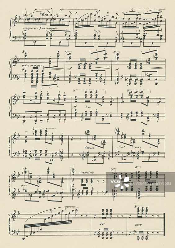 老版雕刻插图，展示了匈牙利作曲家、钢琴家、指挥家和浪漫主义时期的教师弗朗茨·李斯特（1811-1886）的《听！云雀》的乐谱。图片素材