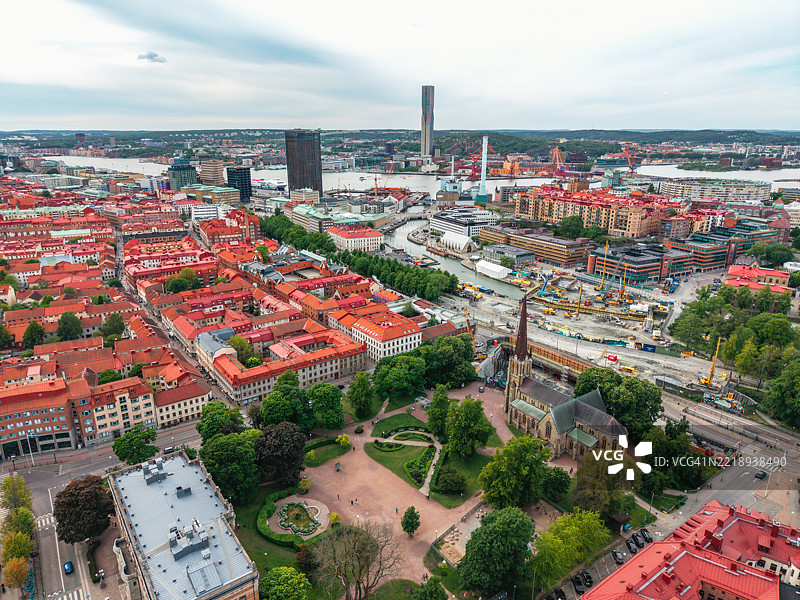 哥德堡市天际线，港口和工业区在阴天的景象图片素材