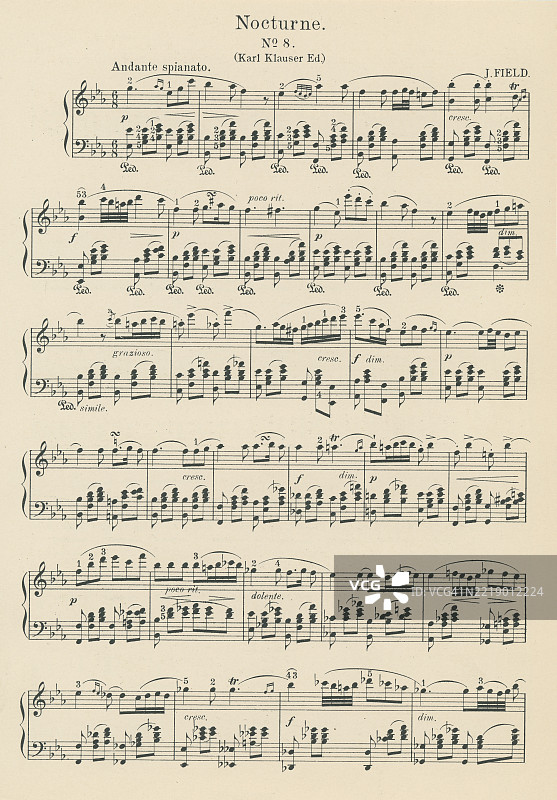 老版雕刻插图，展示了约翰·菲尔德（1782年7月26日，都柏林 - 1837年1月23日，莫斯科）创作的钢琴夜曲第8号的乐谱，他是一位爱尔兰钢琴家、作曲家和教师，被广泛认为是夜曲的创始人。图片素材