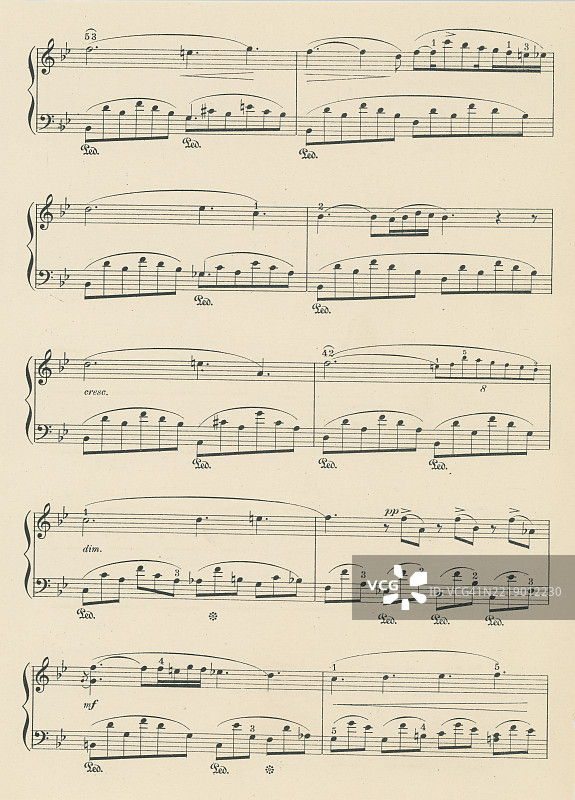老版雕刻插图，展示了约翰·菲尔德（1782年7月26日，都柏林 - 1837年1月23日，莫斯科）创作的钢琴夜曲第5号的乐谱，他是一位爱尔兰钢琴家、作曲家和教师，被广泛认为是夜曲的创始人。图片素材