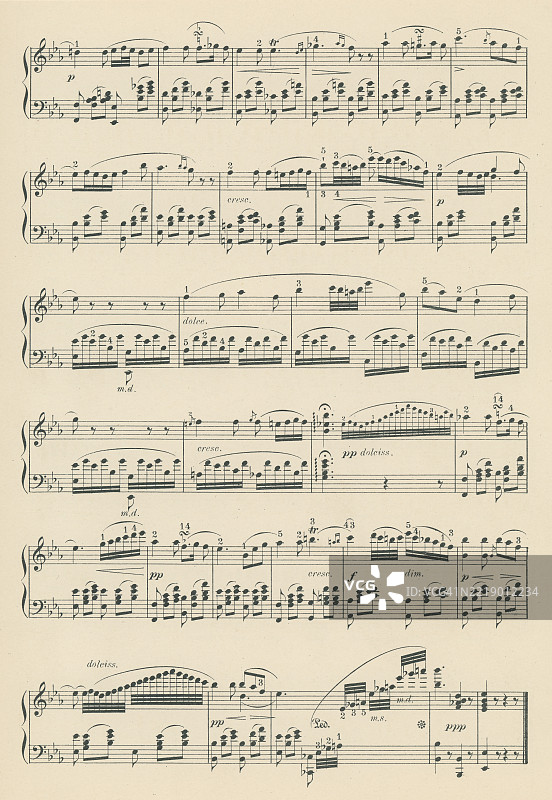 老版雕刻插图，展示了约翰·菲尔德（1782年7月26日，都柏林 - 1837年1月23日，莫斯科）创作的钢琴夜曲第8号的乐谱，他是一位爱尔兰钢琴家、作曲家和教师，被广泛认为是夜曲的创始人。图片素材