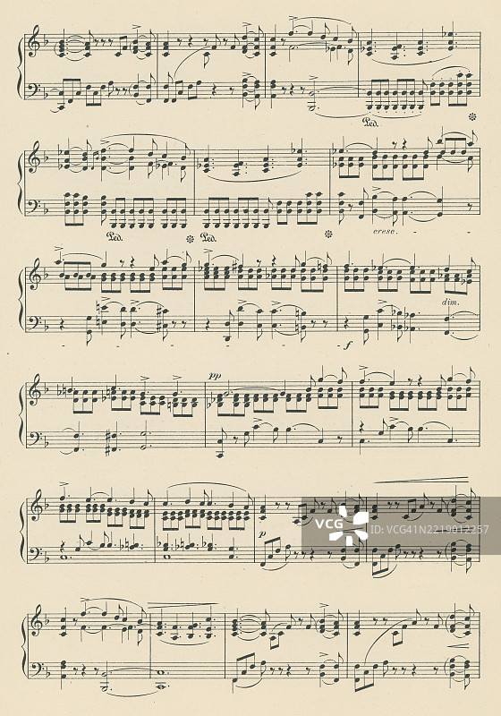 老版雕刻插图，展示了威廉·斯特恩代尔·贝内特爵士（1816年4月13日 - 1875年2月1日）创作的《小夜曲》的乐谱，他是一位英国作曲家、钢琴家、指挥家和音乐教育家。图片素材