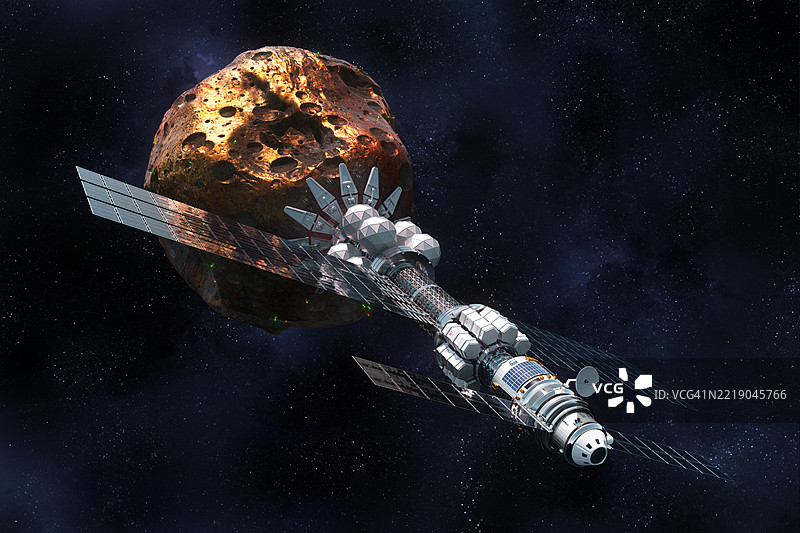 小行星采矿，连接到充满黄金的小行星的太空采矿车辆。图片素材