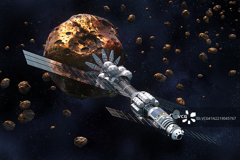 小行星采矿，连接到充满黄金的小行星的太空采矿车辆。图片素材