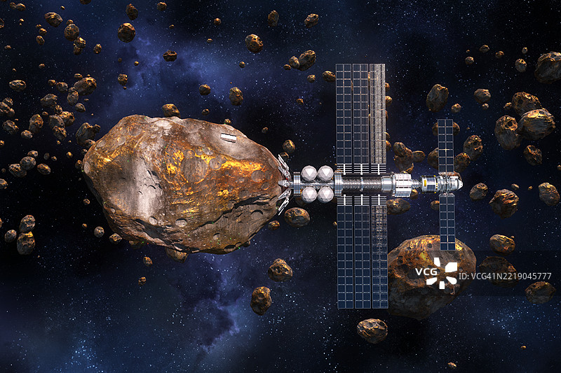 小行星采矿，连接到充满黄金的小行星的太空采矿车辆。图片素材