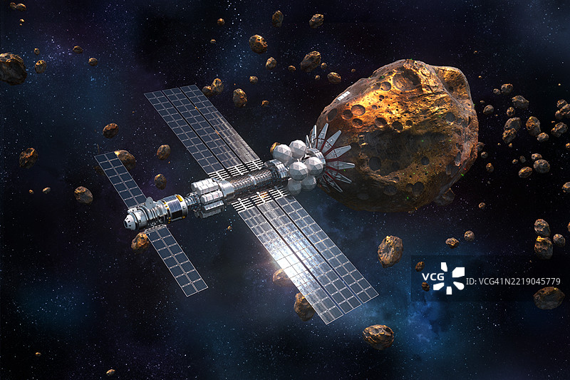 小行星采矿，连接到充满黄金的小行星的太空采矿车辆。图片素材