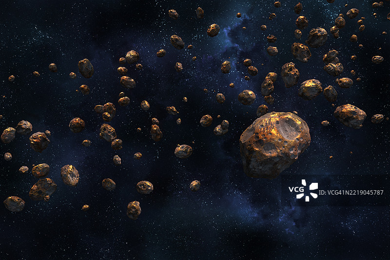 漂浮在太空中的金质小行星。图片素材