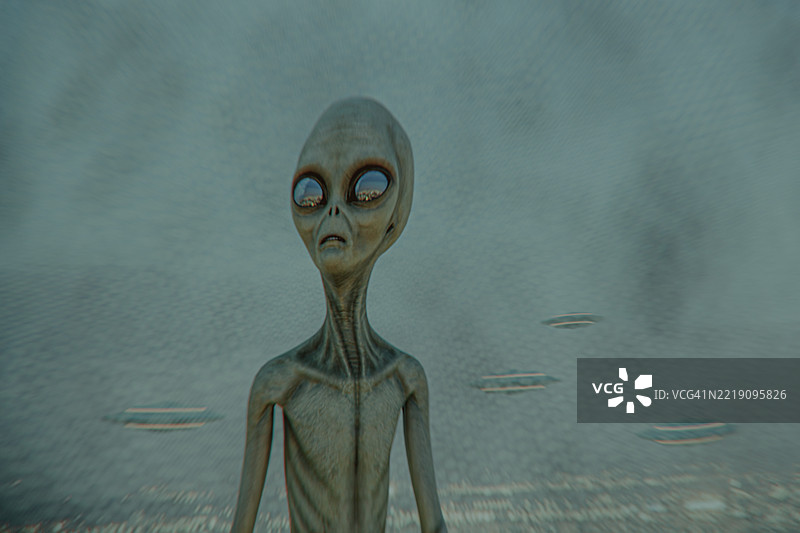 外星人与飞碟在城市上空飞行图片素材