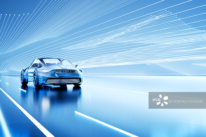 电动汽车在未来主义道路上行驶，伴随数据流动图片素材