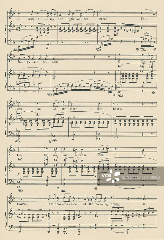 古老的雕刻插图，展示了来自浪漫歌剧《艾凡赫》的咏叹调“温柔的睡眠”的乐谱，作曲家为英国作曲家亚瑟·西摩·沙利文（1842年5月13日 - 1900年11月22日）。图片素材