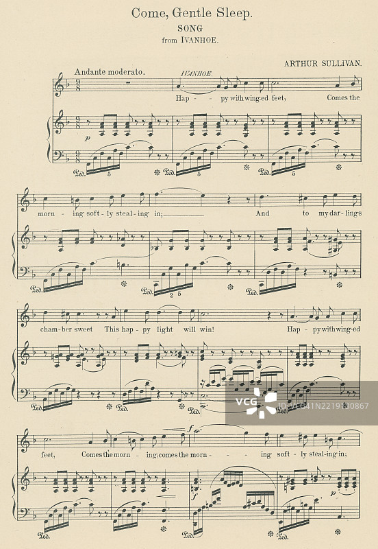 老版雕刻插图，展示了来自浪漫歌剧《艾凡赫》的咏叹调《温柔的睡眠》的乐谱，作曲家为英国作曲家阿瑟·西摩·沙利文（1842年5月13日 - 1900年11月22日）。图片素材