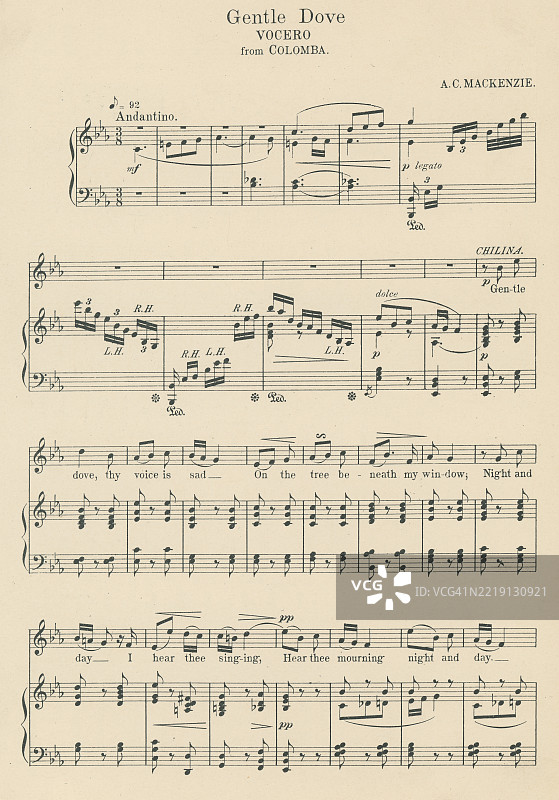 老版雕刻插图，展示了苏格兰作曲家、指挥和教师亚历山大·坎贝尔·麦肯齐（1847年8月22日 - 1935年4月28日）歌剧《鸽子》中的咏叹调“温柔的鸽子”的乐谱。图片素材