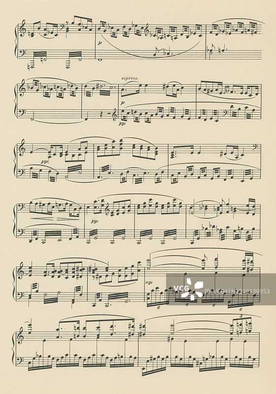 老版雕刻插图，展示了由查尔斯·维利尔斯·斯坦福爵士（1852-1924）创作的戏剧《俄狄浦斯王》（“Oedipus Tyrannus”）的前奏乐谱。斯坦福是一位英爱作曲家、音乐教师和晚期浪漫主义时期的指挥。图片素材