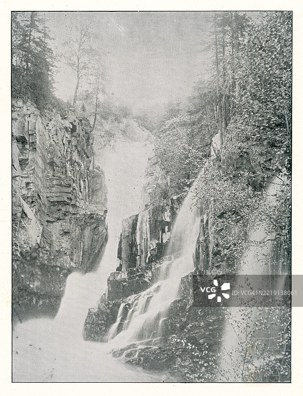 挪威瀑布的古老雕刻插图图片素材