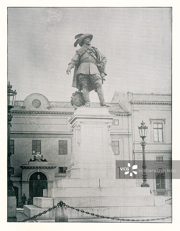 瑞典国王古斯塔夫·阿道夫（古斯塔夫二世·阿道夫）的青铜雕像的旧版雕刻插图，瑞典哥德堡图片素材