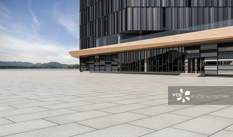 湖边商业区的办公大楼外观图片素材