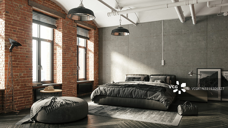 带有无遮蔽砖墙和混凝土墙的城市阁楼卧室图片素材