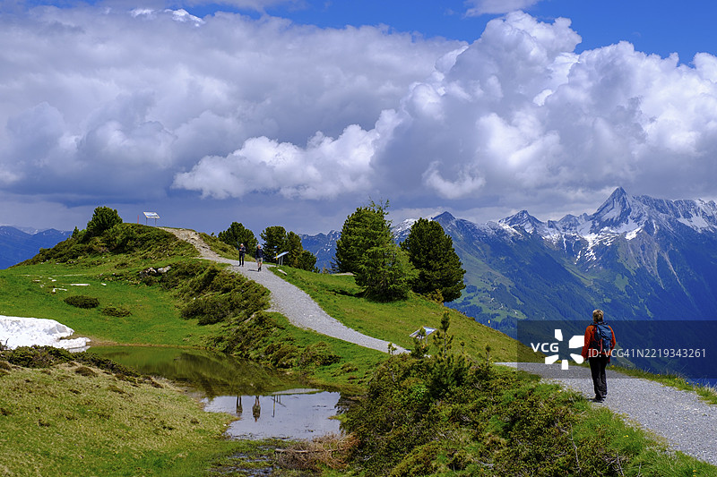 徒步者在彭肯山全景步道上,芬肯贝格,迈尔霍芬,齐勒塔尔,蒂罗尔,奥地利,欧洲图片素材
