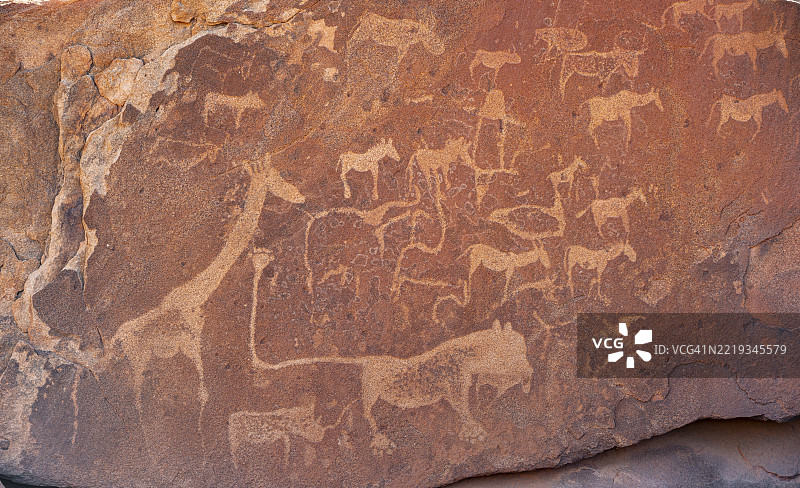 岩石板上的动物描绘，狮子岩板，岩石雕刻，岩石刻画，特维尔丰廷，库内内，纳米比亚，非洲图片素材