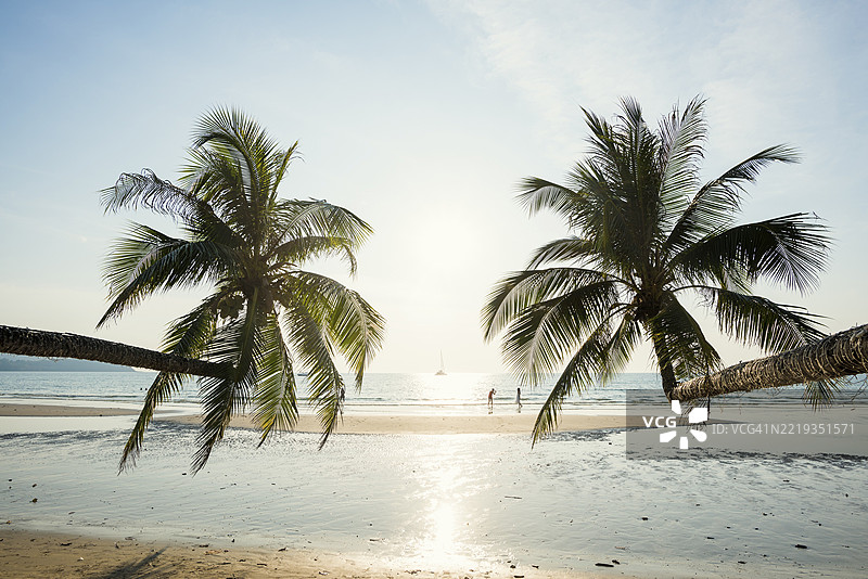 沙滩上有椰子树的沙滩，克隆查奥海滩，日落，考库德岛，泰国库特岛，泰国湾，泰国，亚洲图片素材