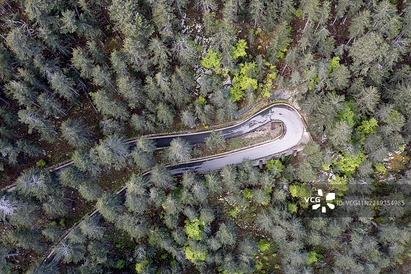 道路穿过森林，蜿蜒曲折，鸟瞰图，科西嘉岛，法国，欧洲图片素材