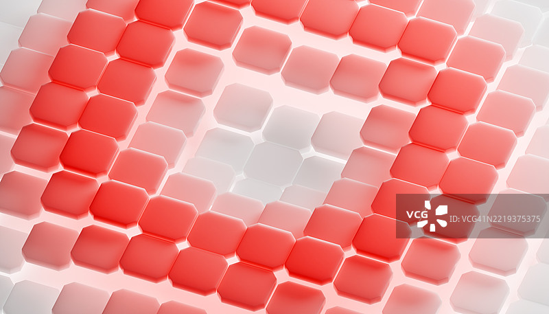数字脉冲阵列：红白立方体的圆形网格，呈放射状升高图片素材
