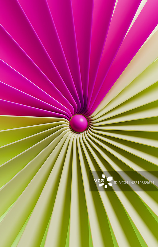 柔和绿色刀片形状的螺旋流向中央紫色球体汇聚，突显出发散与聚焦。图片素材