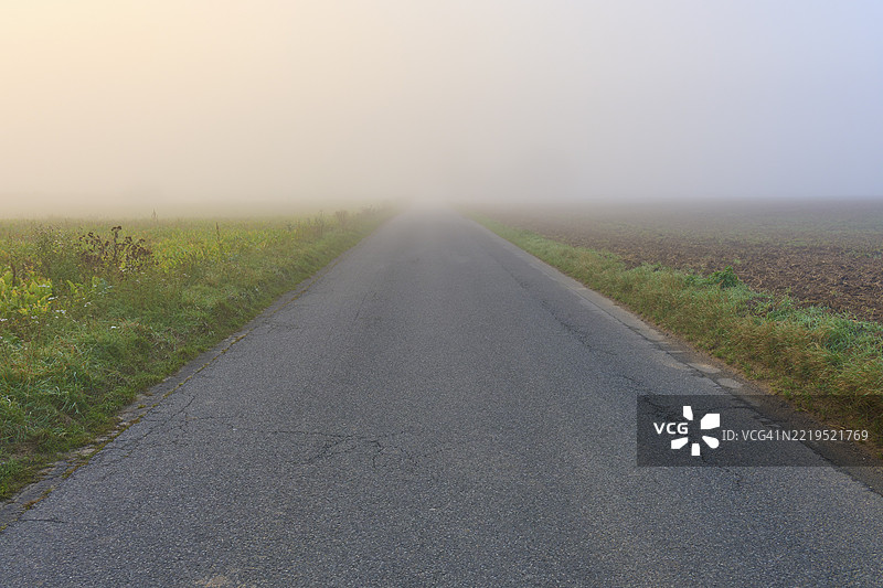 雾中的废弃道路，两旁是田野，在宁静的秋光中，德国巴伐利亚州米尔滕贝格的斯佩萨特地区，门赫堡。图片素材