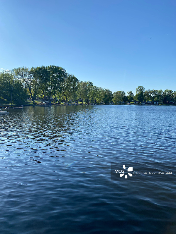 印第安纳州愉快湖的湖泊美景与晴朗的天空图片素材