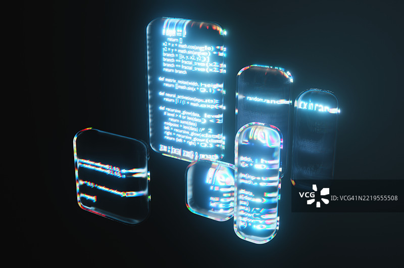 带有扭曲和畸变的玻璃数字显示屏，内部有发光的程序代码，背景为黑色。图片素材