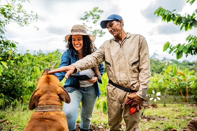 农民在农场抚摸狗狗图片素材