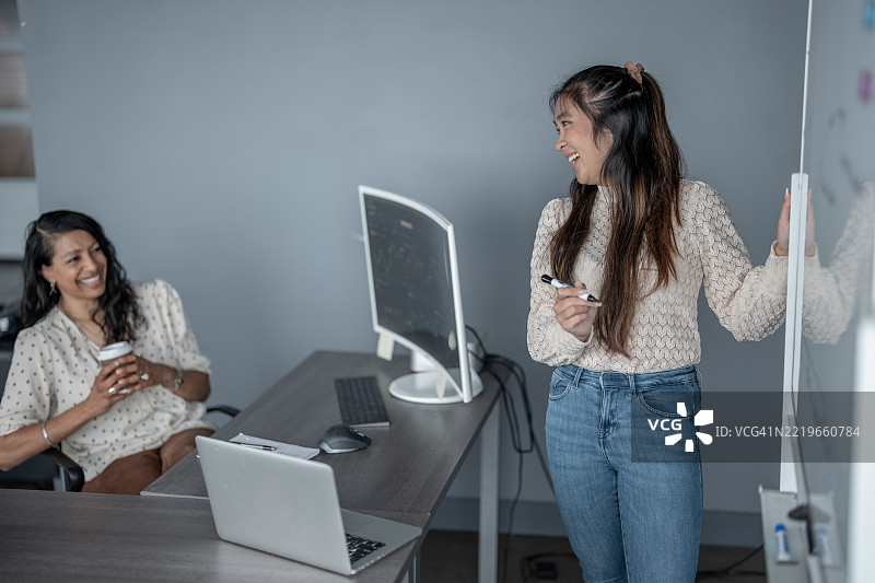 两位女性在现代办公室环境中进行专业会议的合作图片素材
