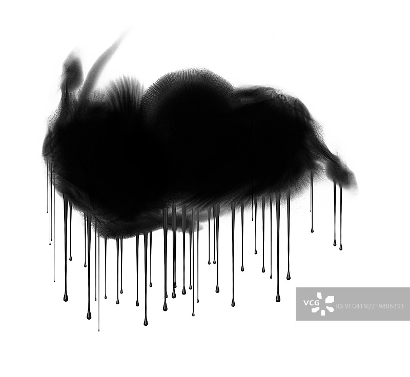 黑色墨水污渍在白色表面上滴落并滑动。图片素材