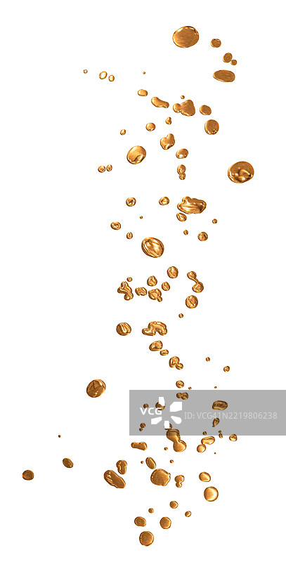 液态金滴在白色背景上向下流动。图片素材