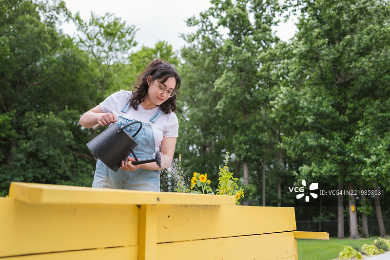 园艺 - 女性在浇灌高架花园床 - 广角镜头图片素材