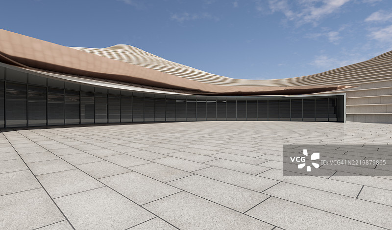 现代曲线建筑外的 marble 地板，屋顶上有座椅碗。图片素材