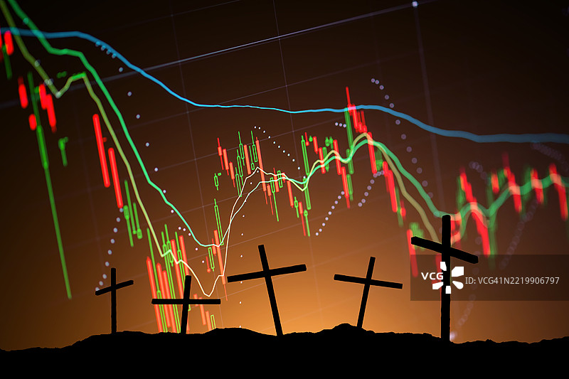 经济数据背景下的十字架。全球金融危机图片素材