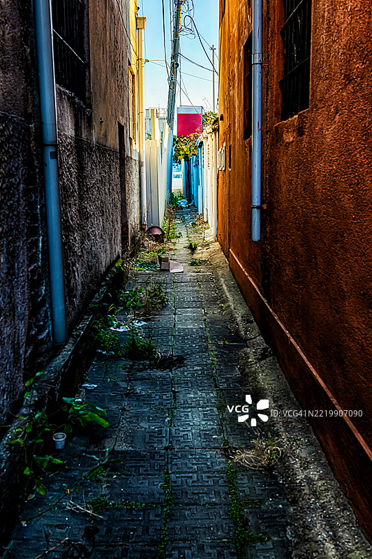 狭窄的小巷，管道和杂草丛生的植被图片素材