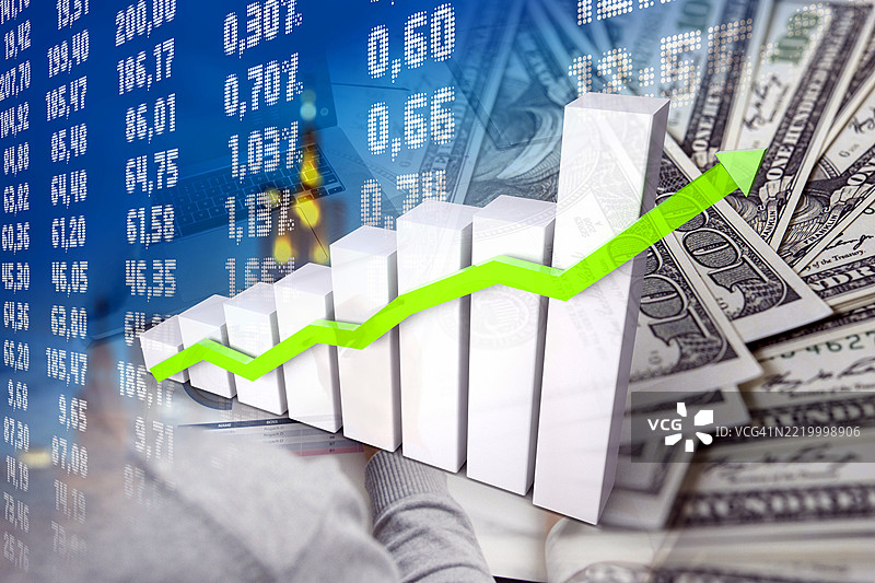 上升箭头，商业人士，数字数据和现金美元钞票 - 经济图表图片素材
